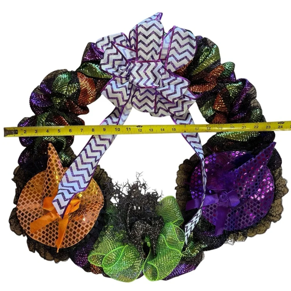 Halloween Glitter Mesh Wreath with Witch Hats, Black Cat & Purple Bow – 24″
